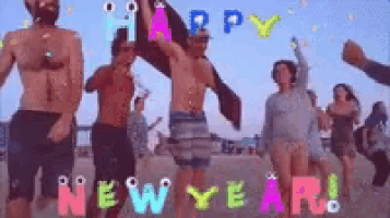 a group of people are dancing on a beach with the words happy new year written in the background .