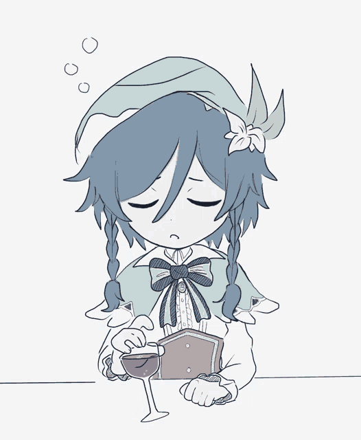 a drawing of a girl holding a glass of wine and a book