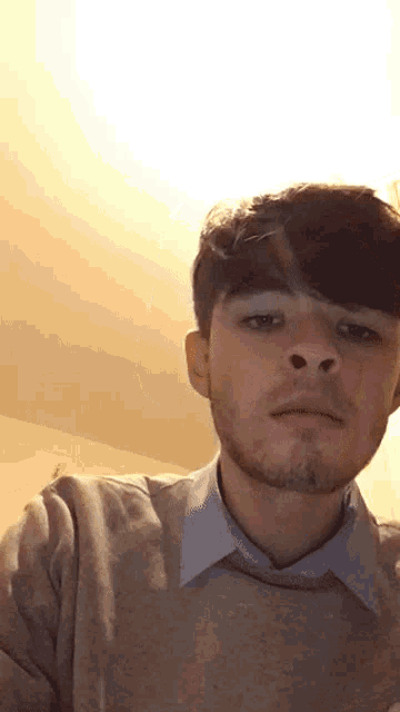 a young man with a beard is wearing a grey sweater and a white shirt