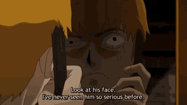 a cartoon of a man saying look at his face i ve never seen him so serious before