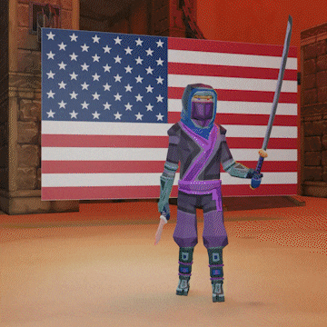 a ninja holding a sword and a knife stands in front of an american flag