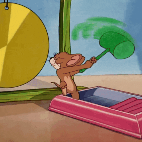 a cartoon mouse is holding a green hammer in front of a gong