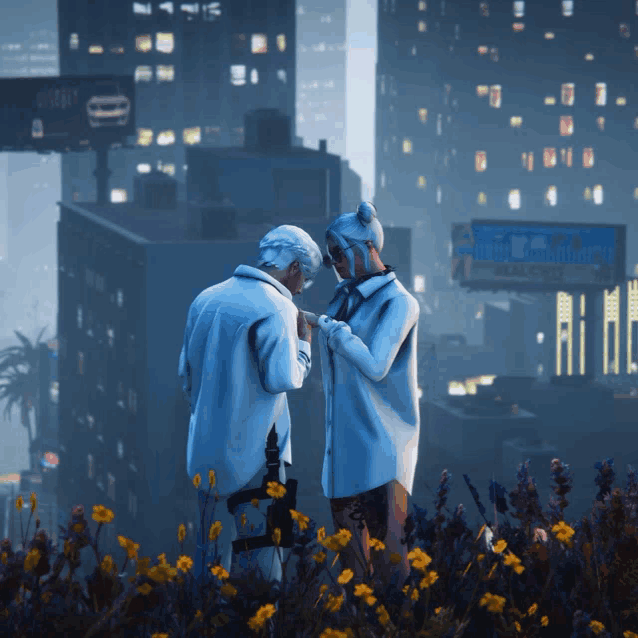 a couple standing in front of a city with a billboard that says ' hotel & casino ' on it
