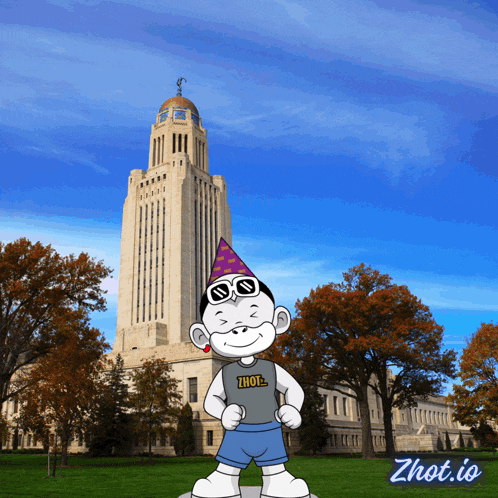 a cartoon character wearing a zhot shirt stands in front of a very tall building