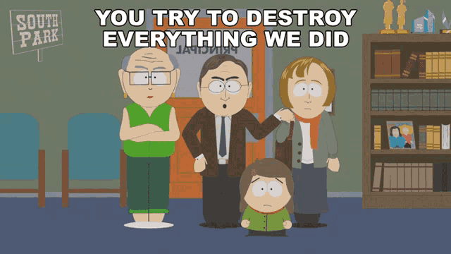 a south park cartoon shows a family standing in front of a sign that says south park