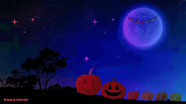 a happy halloween greeting card with pumpkins and trees