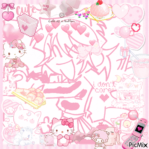 a picture of a girl with a hello kitty surrounded by hearts and the words cute as a button