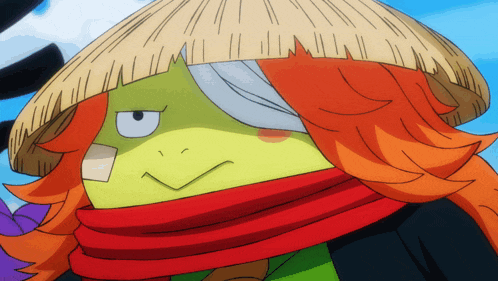 a cartoon character with a straw hat and scarf
