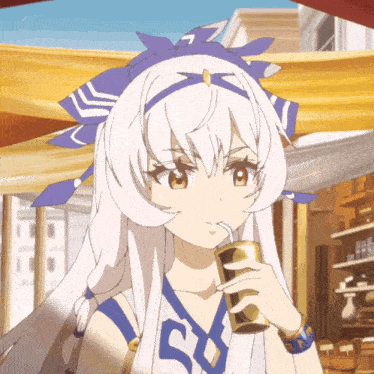 a girl with white hair is drinking through a straw and wearing a shirt with the letter s on it