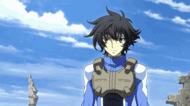 a cartoon character in a blue and white suit stands in front of a cloudy sky
