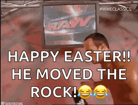 a man is standing in front of a tv screen that says happy easter ! he moved the rock !