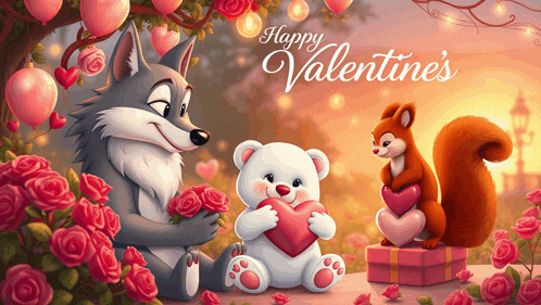 a happy valentine 's day greeting card with a wolf holding roses and a teddy bear holding a heart
