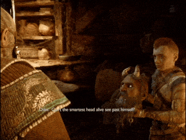 a video game screen shows a man holding a bearded man 's head and says odin can t the smartest head