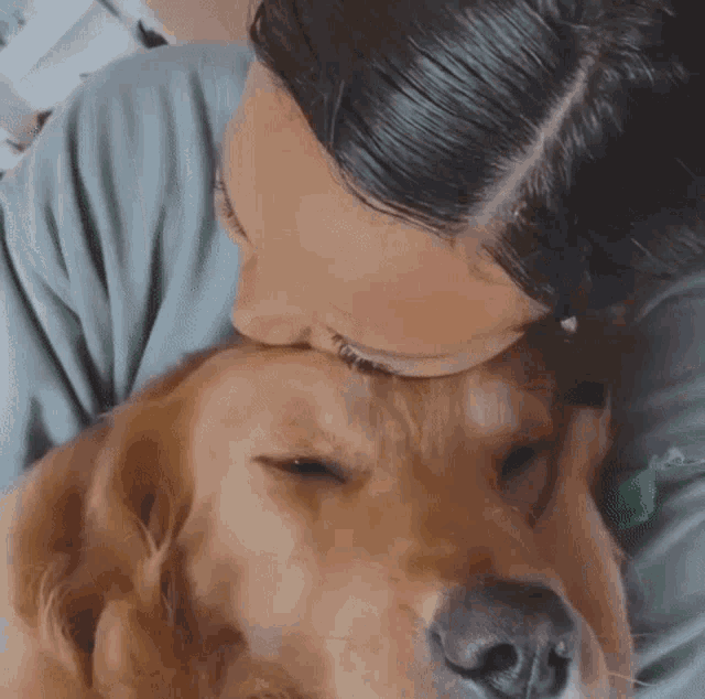 a woman is kissing a dog on the nose while laying on a bed .