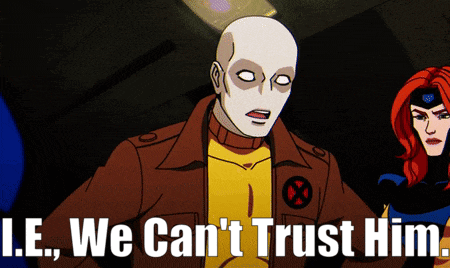 a cartoon character says " i.e. we can 't trust him " next to a woman