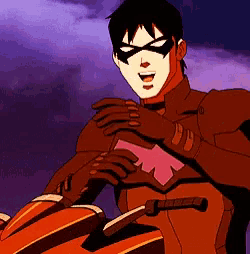 a cartoon of a man in a superhero costume on a motorcycle