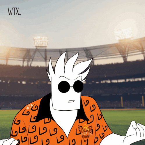 a cartoon character wearing an orange shirt with wtx written on the bottom