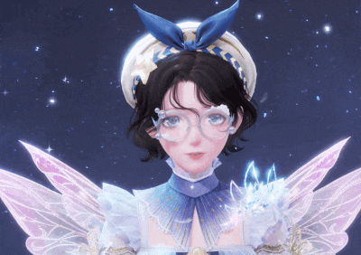 a girl with wings and glasses is wearing a blue hat