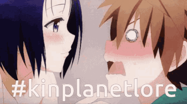 a cartoon of a boy and a girl with the words #kinplanetlore written below them