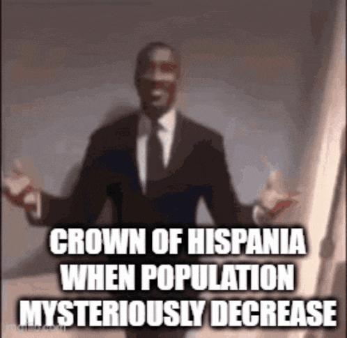 a man in a suit and tie is standing with his arms outstretched and a caption that says crown of hispania