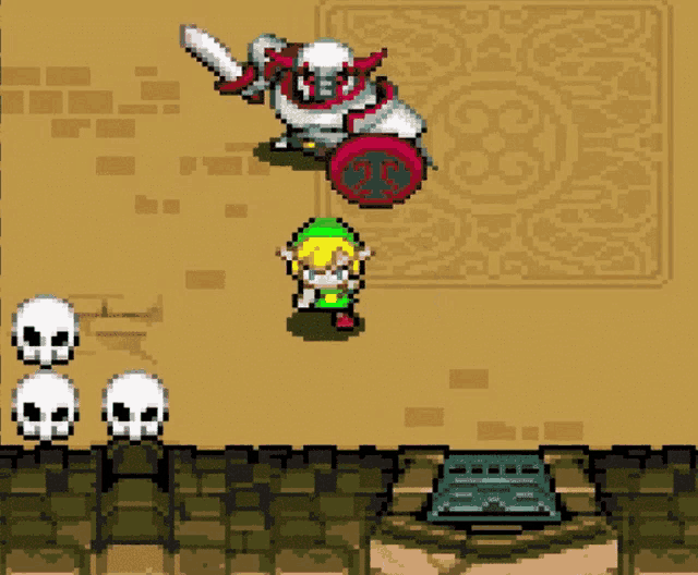 a video game with skulls and a knight with a sword and shield