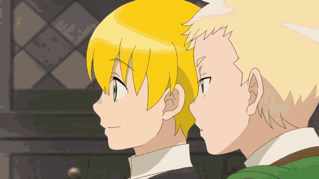 two anime characters are looking at each other and one has a green jacket on