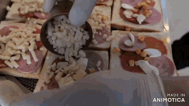 a person is adding cheese to a sandwich with the words made in animatica on the bottom right