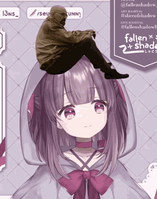 a girl with purple hair is wearing a hooded cape and a man is sitting on her head