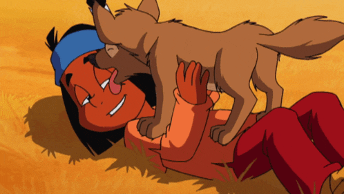 a cartoon of a boy laying on the ground with a dog licking his face