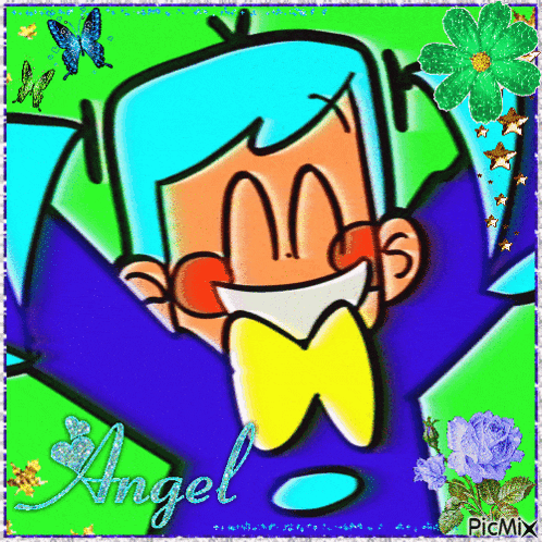 a cartoon character with the name angel on the bottom right