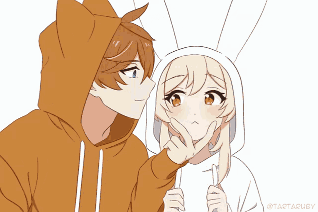 a cartoon drawing of a boy kissing a girl on the cheek with a question mark above them