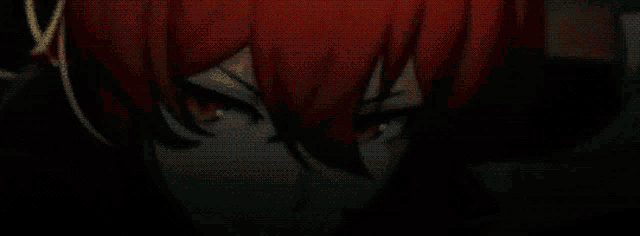 a close up of a red haired anime girl in a black suit .