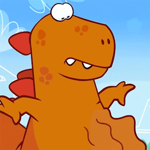 a cartoon drawing of an orange dinosaur with a white face