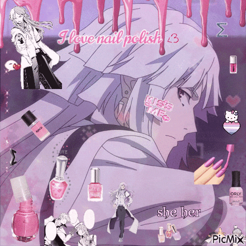 a collage of anime characters and nail polish with the words " i love nail polish "