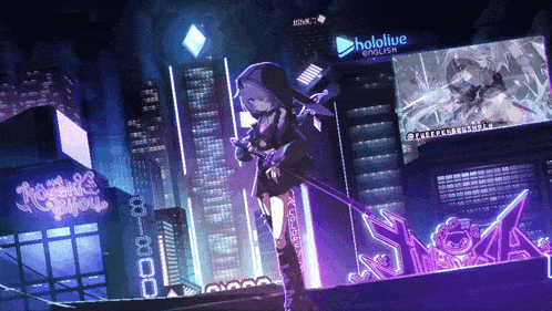 a girl standing in front of a billboard that says hololive english