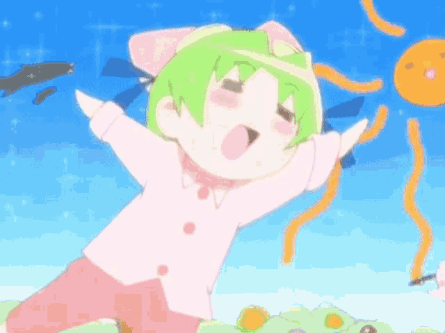 a little girl with green hair and a pink shirt is jumping in the air with her arms outstretched