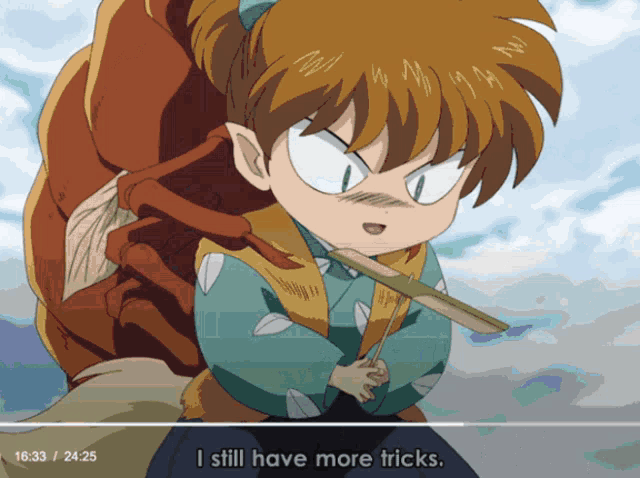 a cartoon character says i still have more tricks at the bottom of the screen