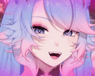 a close up of a anime girl with pink hair and blue eyes