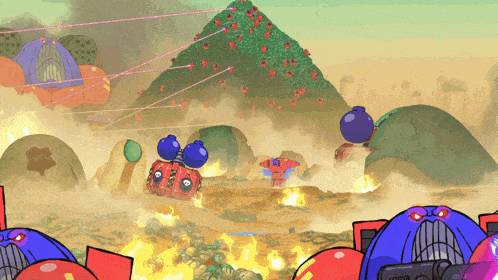 a cartoon scene with a pyramid in the background and a bunch of bombs in the foreground