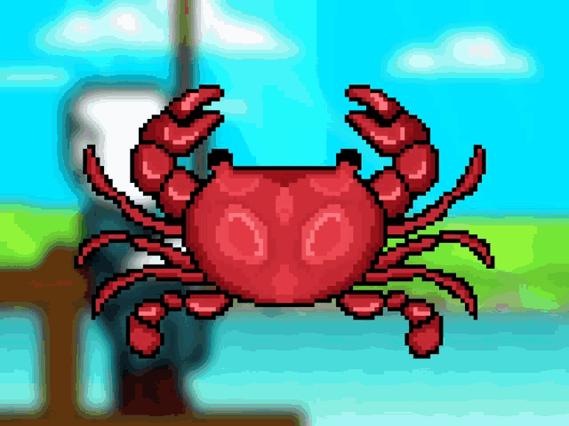 a pixel art of a red crab with the number 0 on it