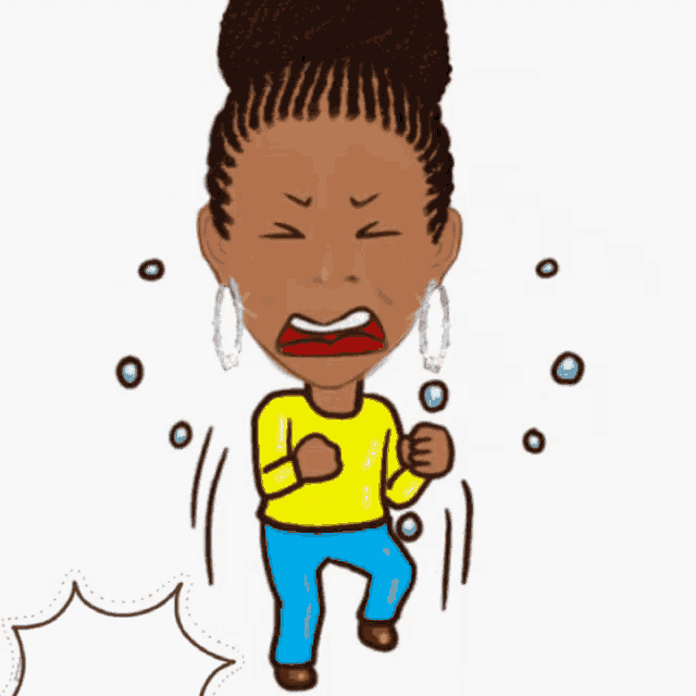 a cartoon of a woman in a yellow shirt and blue pants