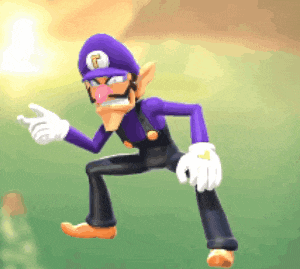 a cartoon character wearing a purple hat and pants is standing on one leg .