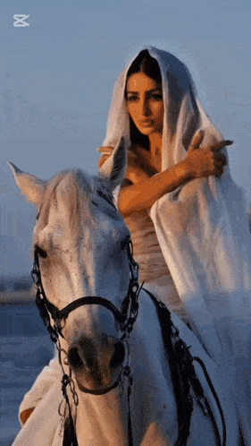 a woman in a white dress is riding a white horse on the beach .