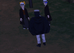 a man in a black robe is standing next to a man in a black cape with the number 187 on it