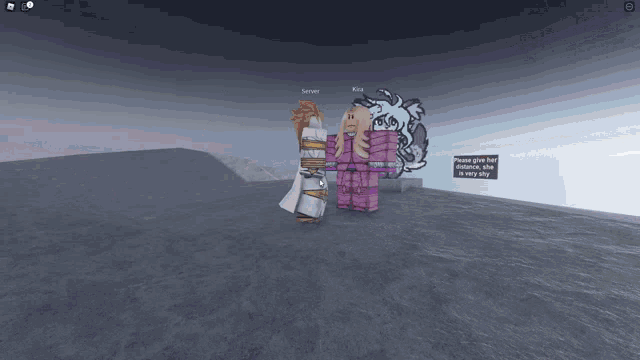 a screenshot of a video game shows two characters standing next to each other and a sign that says please give her a kiss