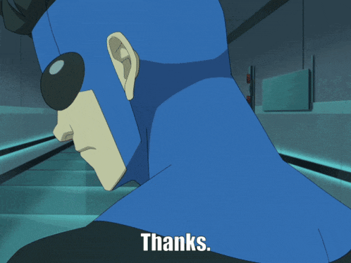 a cartoon character says thanks in a hallway with a blue background