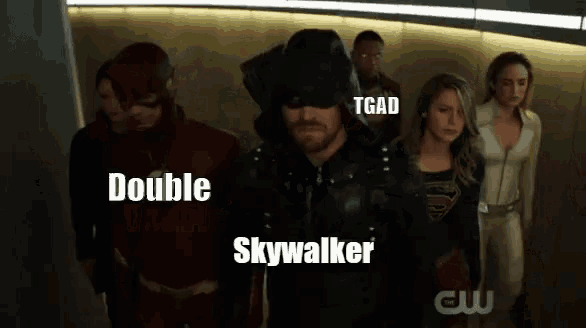 a group of people standing next to each other with double skywalker and tgad written on the top