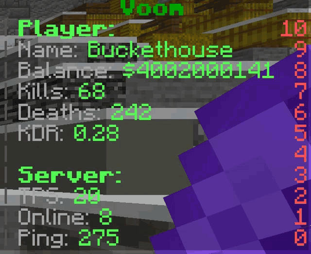 a screenshot of a minecraft game with a purple item in the foreground