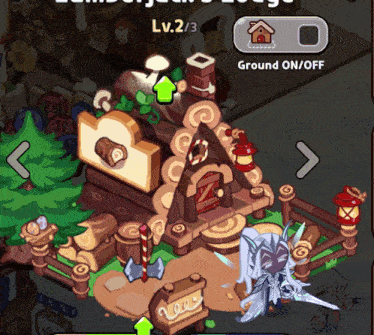 a screenshot of a gingerbread house with a ground on / off button below it