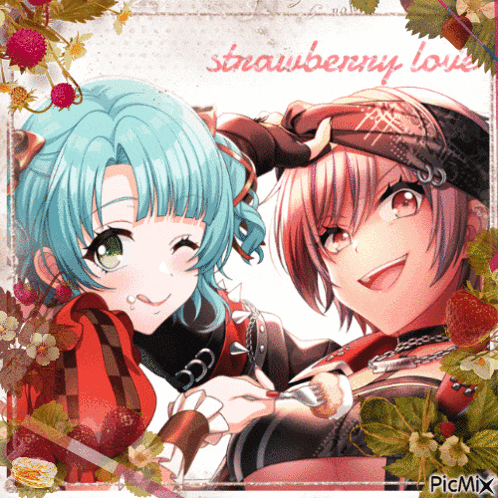 a picture of two anime girls with the words " strawberry love " on the bottom